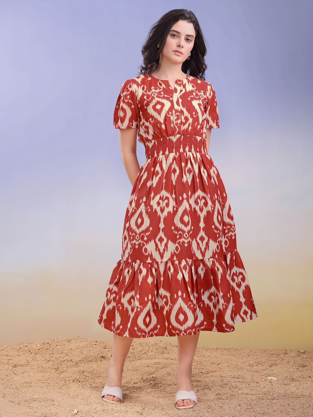 PURVAJA Ethnic-Fusion Feel Women Ikat Print Puff Sleeve Fit & Flare Midi Dress