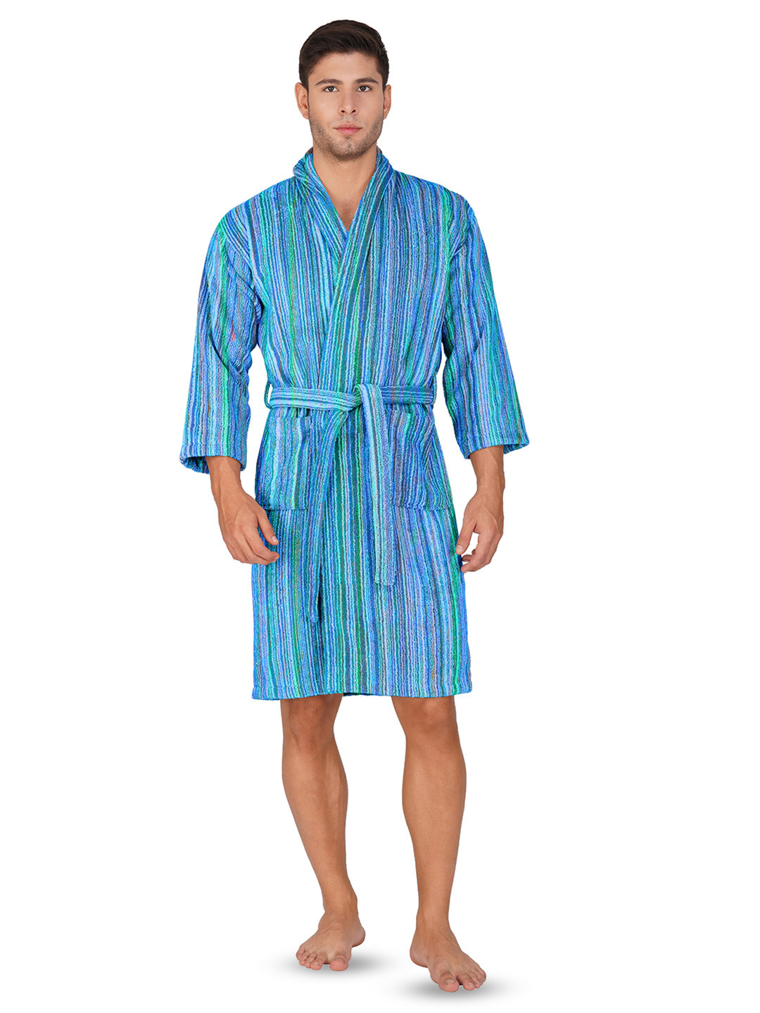 RANGOLI Pinstripe Blue Striped Cotton Drawstring Knee Length Bath Robe-M