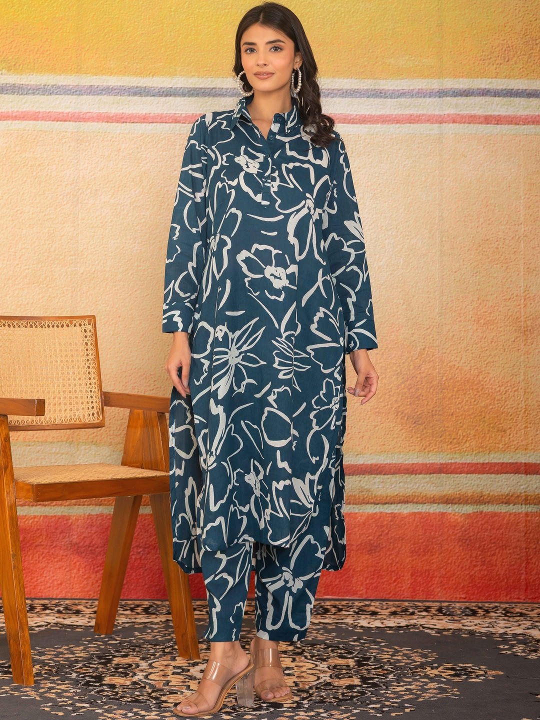 LABEL ADRIJA Women Blue Pure Cotton Full Sleeves Floral Printed Co-Ord Set