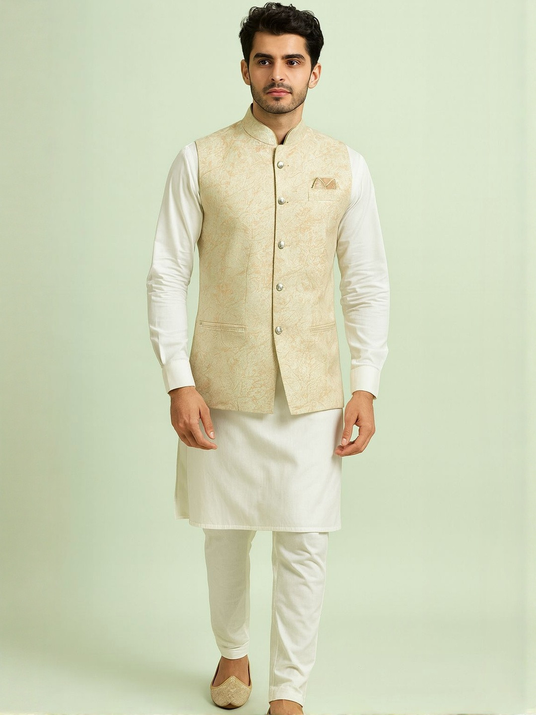 SHAHI ACHKAN Golden Printed Nehru Jacket with Mandarin Collar