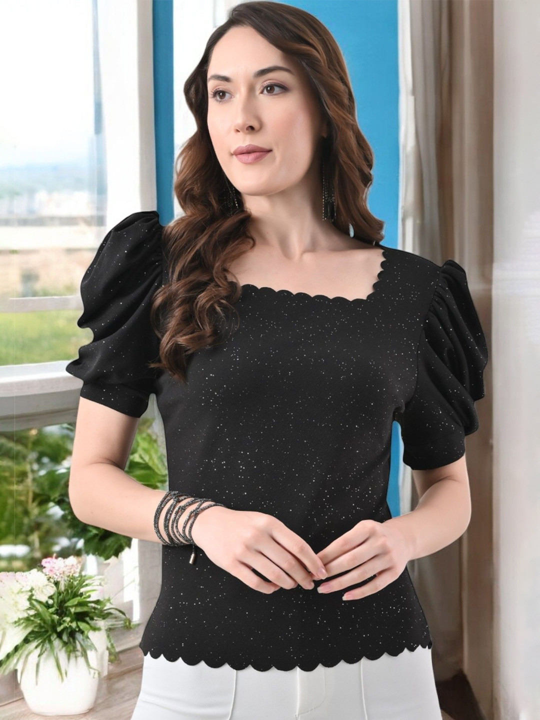 SFOTY Black Embellished Square Neck Puff Sleeve Top