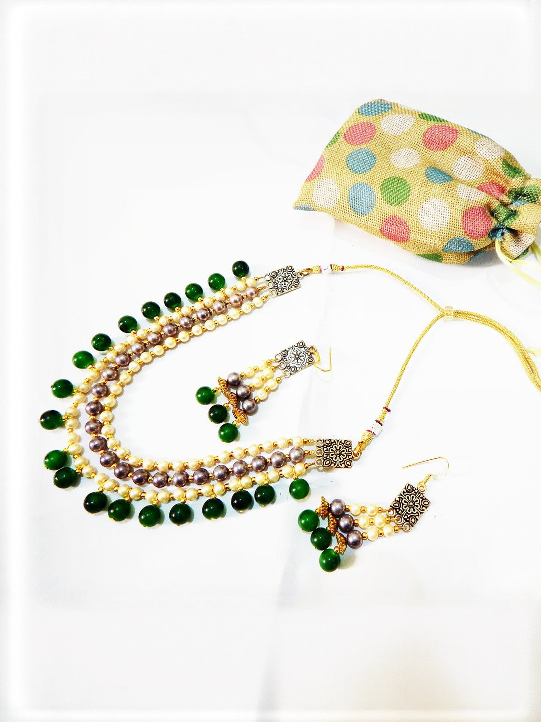 Jaya Vision Jewelry Glass beads & Synthetic pearl beaeded 3 line Necklace