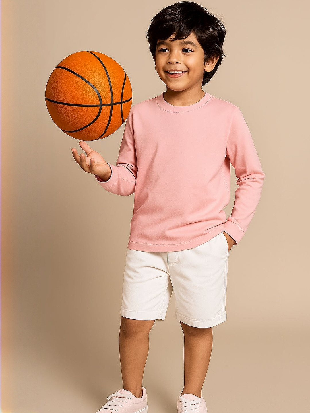 TALES & STORIES Boys Pink Cotton Round Neck Full Sleeve Solid T-Shirt