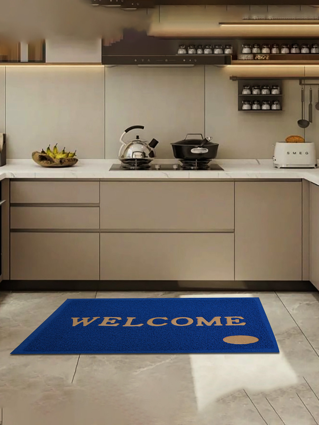 Aura Blue & Beige Textured Anti-Skid Welcome Doormat