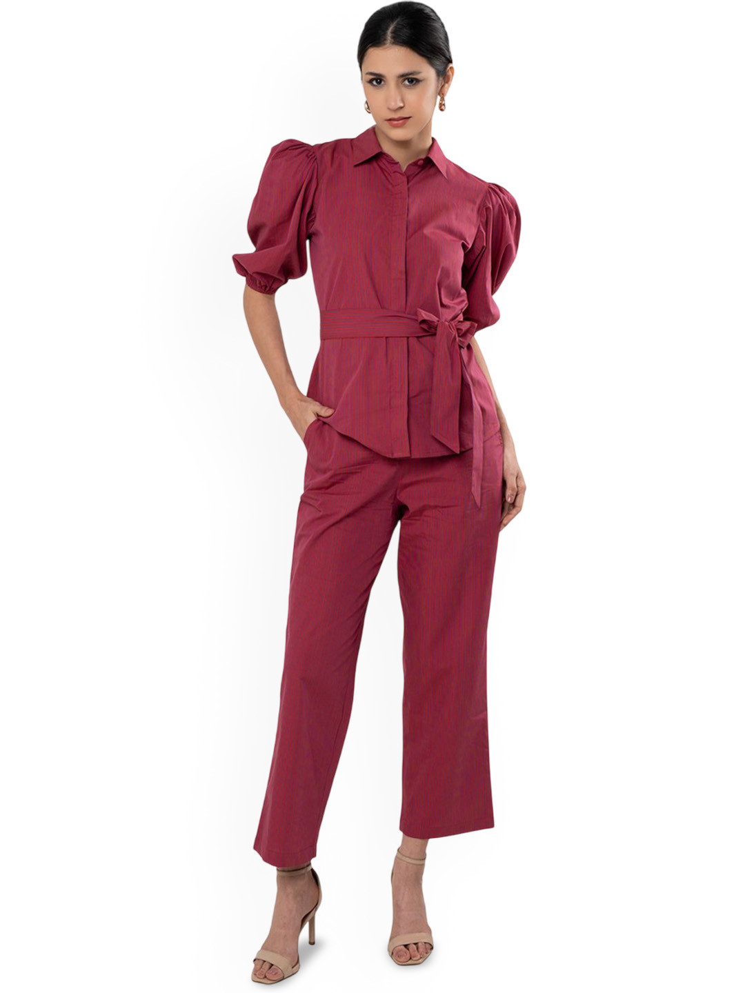 ZLAATA FASHION Women Striped Pure Cotton Shirt Collar Neck Top With Trousers Co-Ords