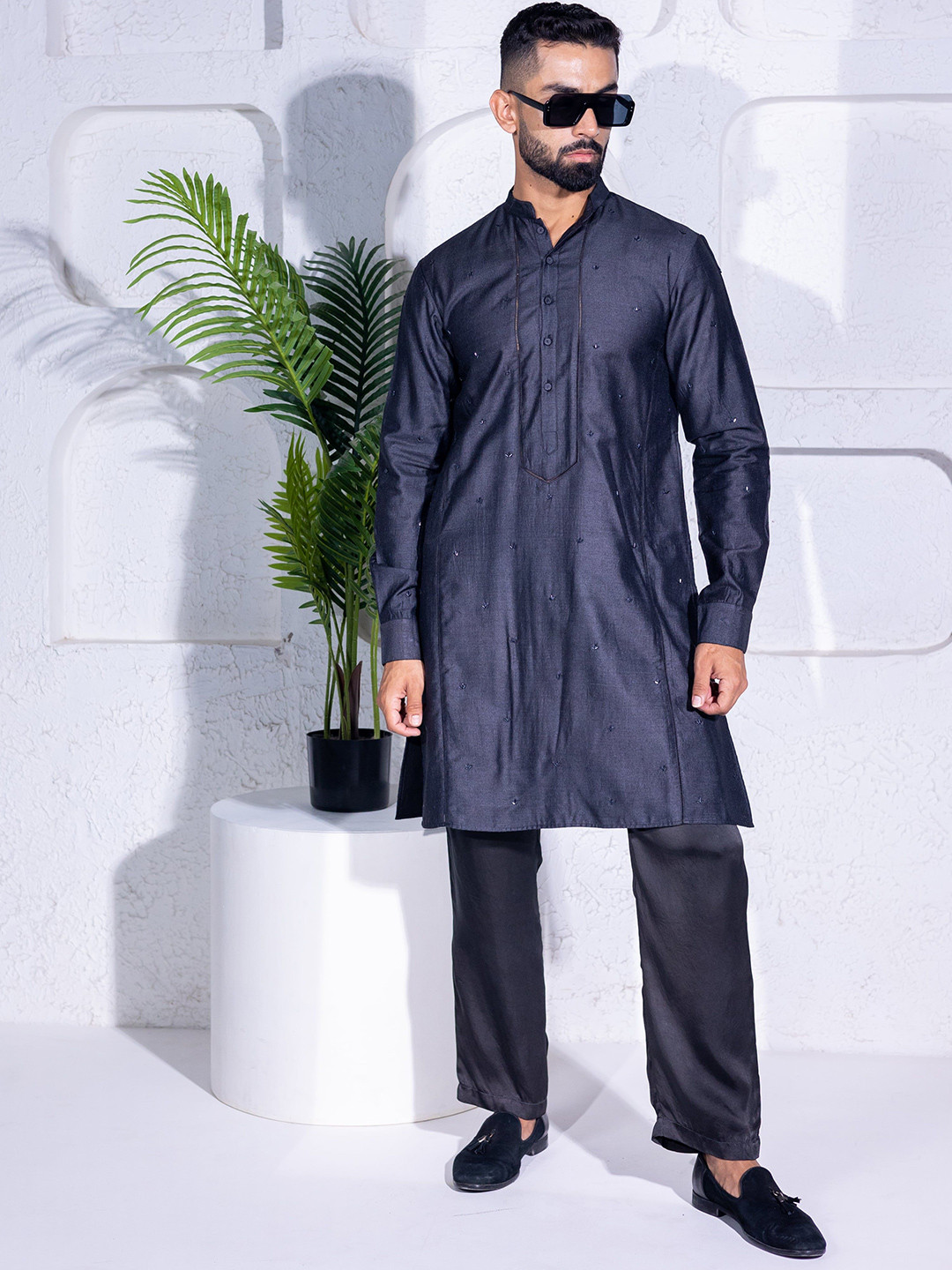 INAAYA JAIPUR Embellished Mandarin Collar Beads And Stones Moonga Silk Straight Kurta