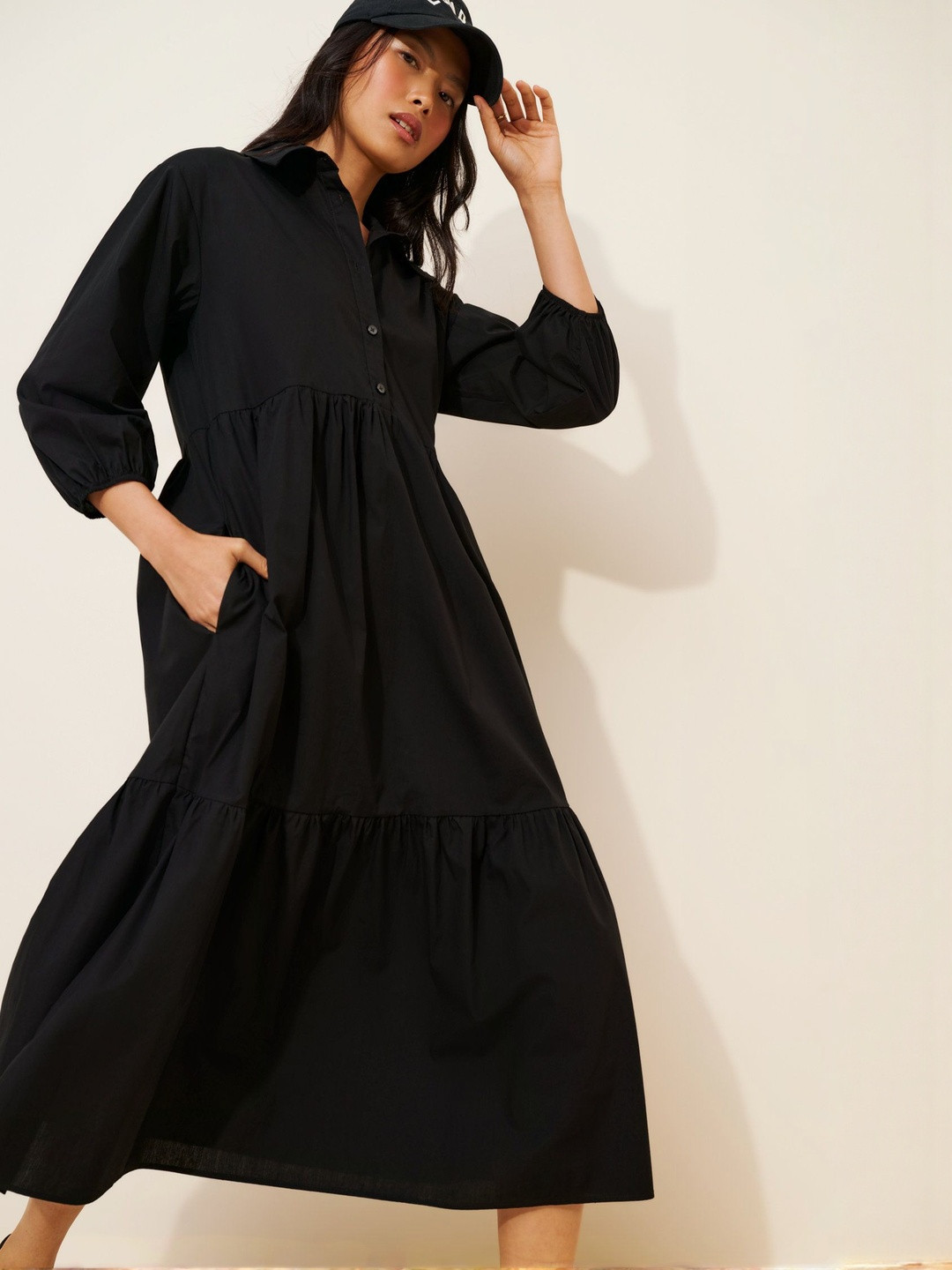 Roadster Women Black Solid Layered Shirt Midi Dress