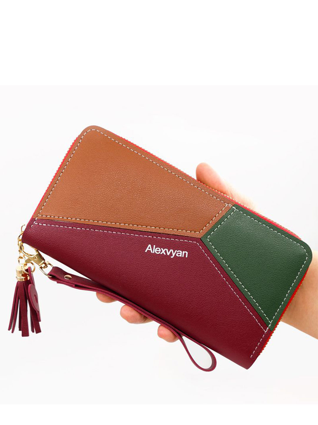 Alexvyan Women Red Colourblocked RFID Zip Around PU Zipper Wallet