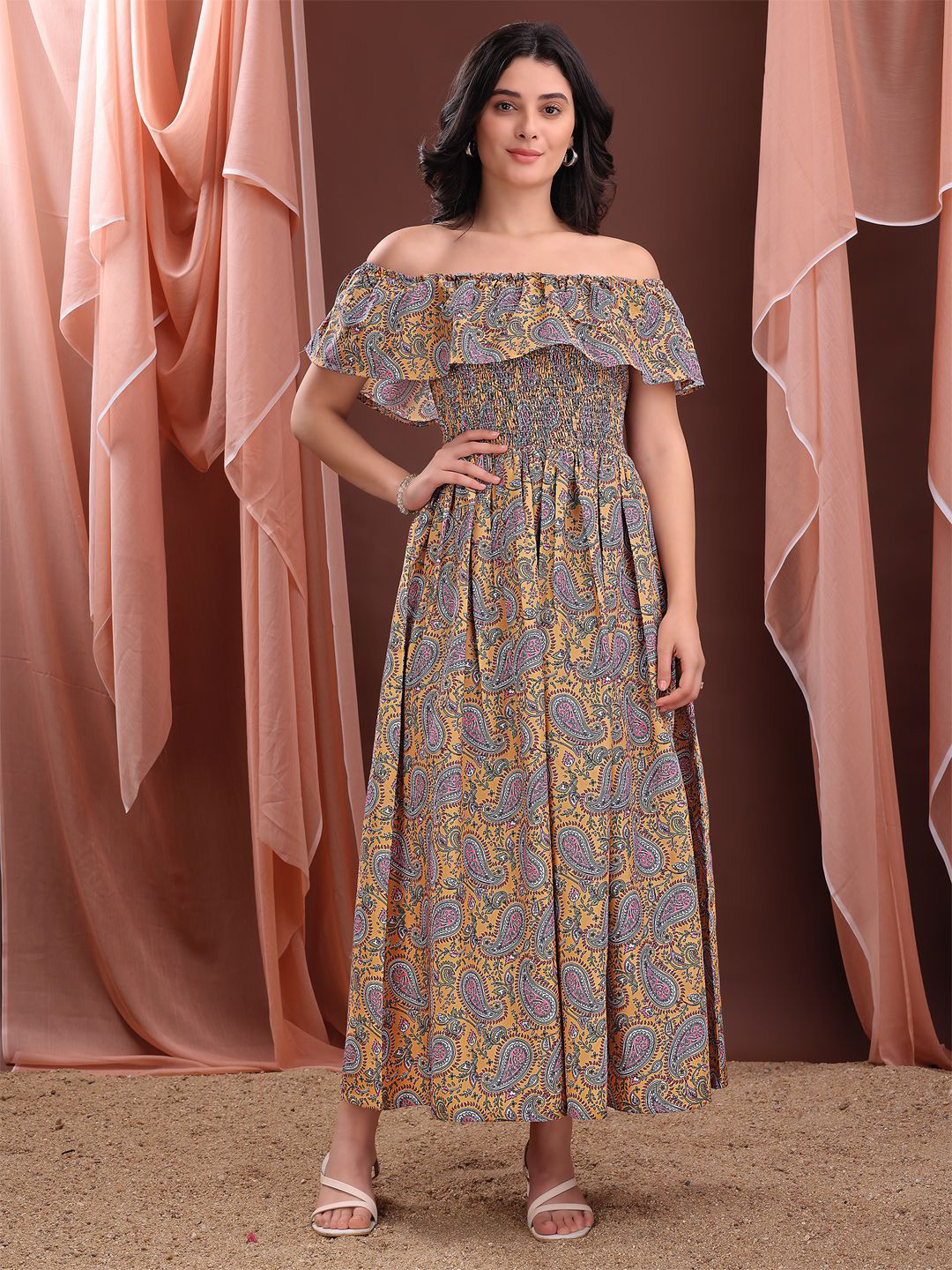 PURVAJA Paisley Print Off-Shoulder Ruffled Fit & Flare Maxi Dress
