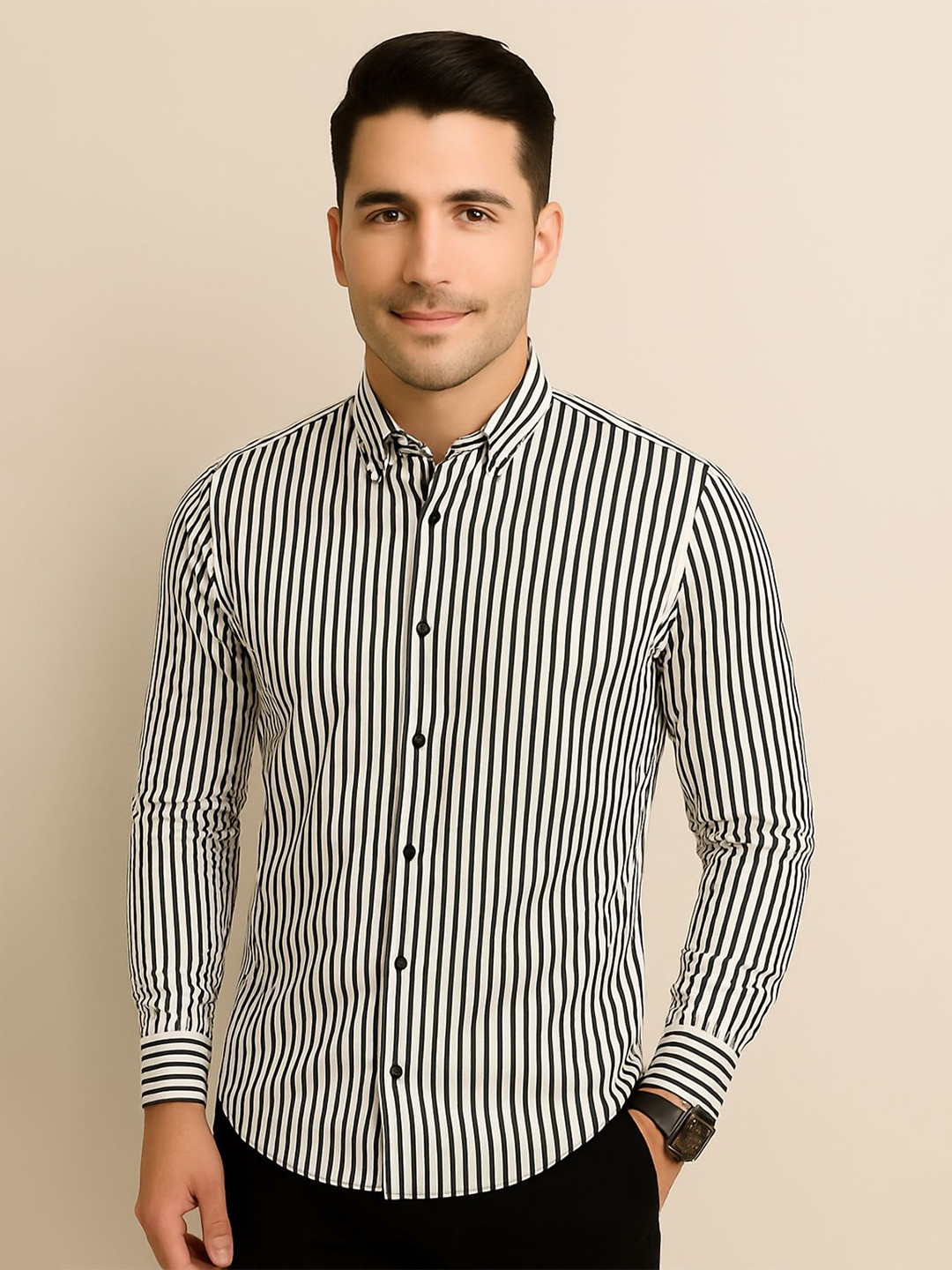SONISHQ Striped Spread Collar Cotton Shirt