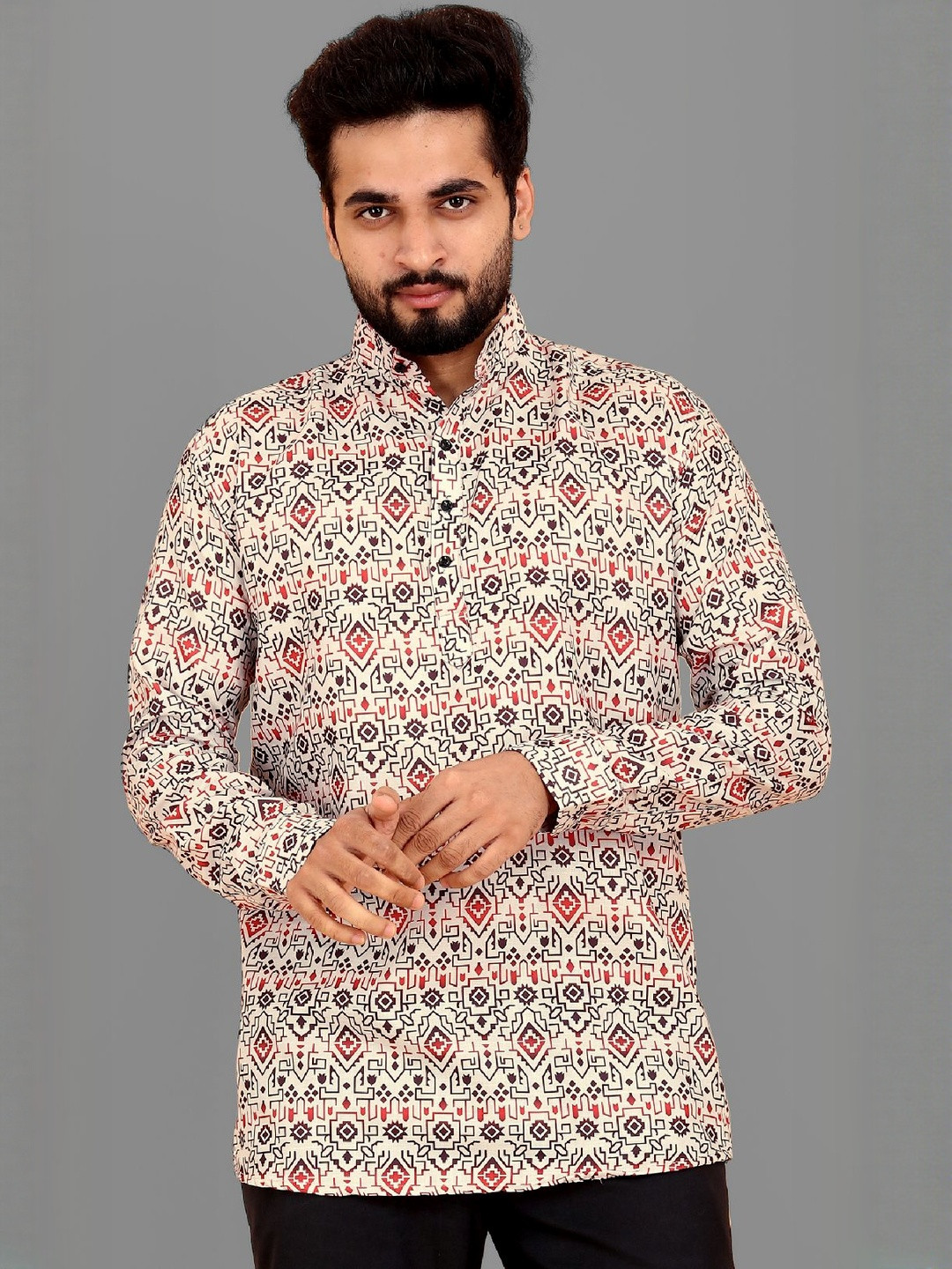 Eleni Trendz Men Cream Mandarin Collar Long Sleeves Cotton Causal Kurtas