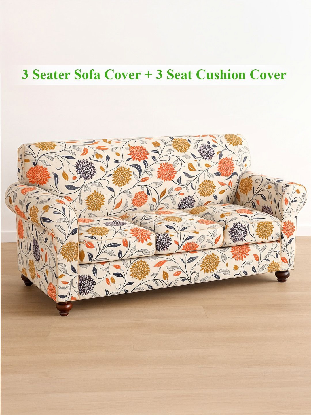 HOKIPO Sunset Botanical Bloom Orange 4 Pieces Printed 3 Seater Sofa Cover With Arms