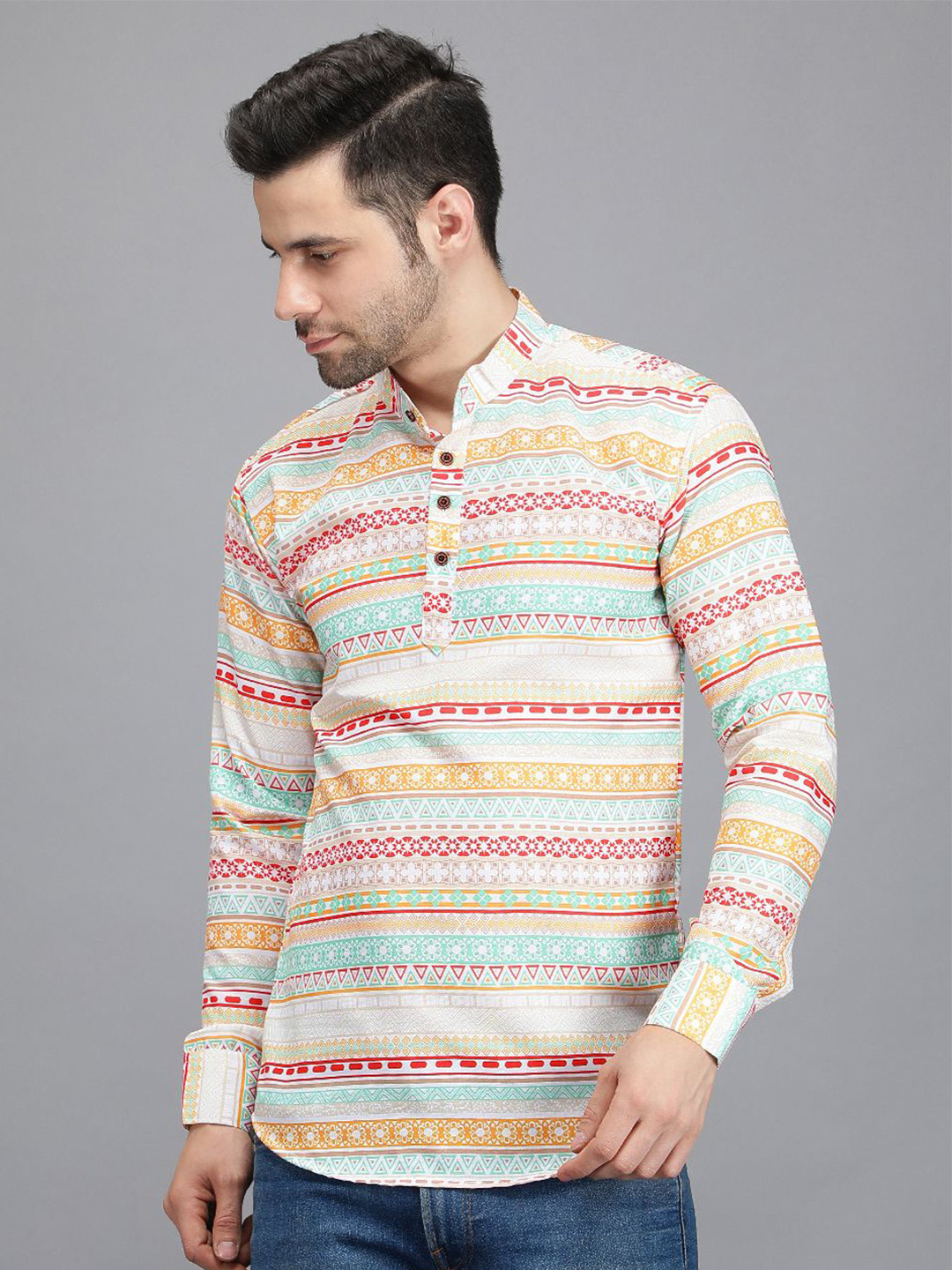 Silver Buck Geometric Printed Mandarin Collar Screen Print Straight Kurta