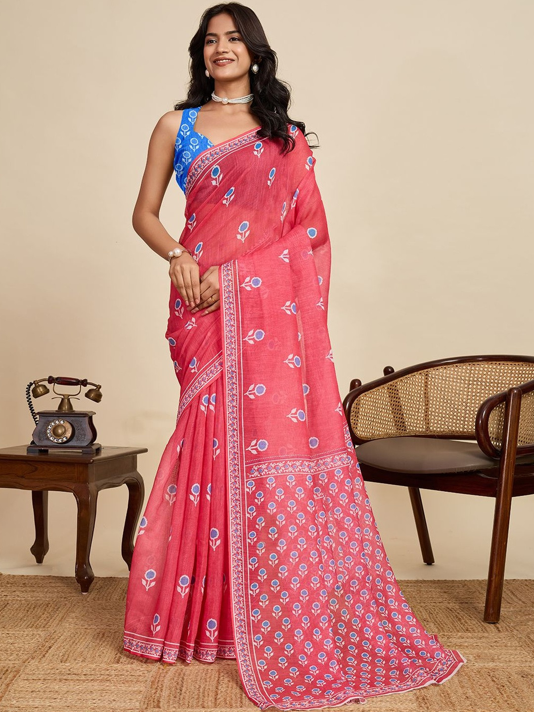 Kriyansh Red Ethnic Motifs Linen Blend Designer Block Print Saree