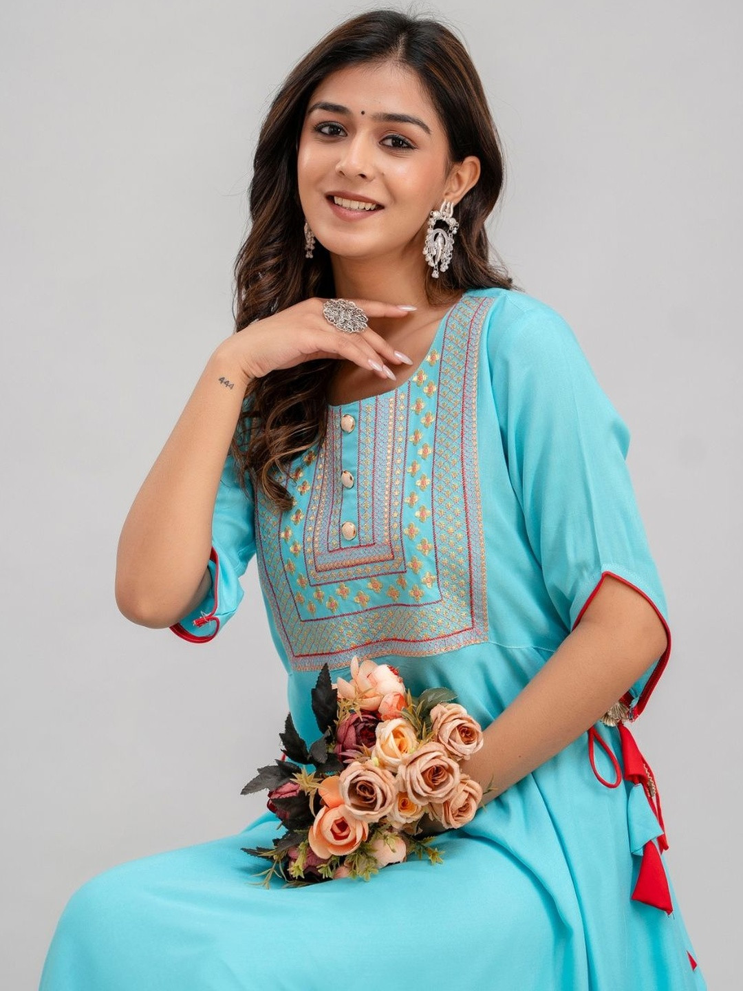 HERE&NOW Women Blue & Red Embroidered Viscose Rayon Anarkali Dress With Drawstring Tassels