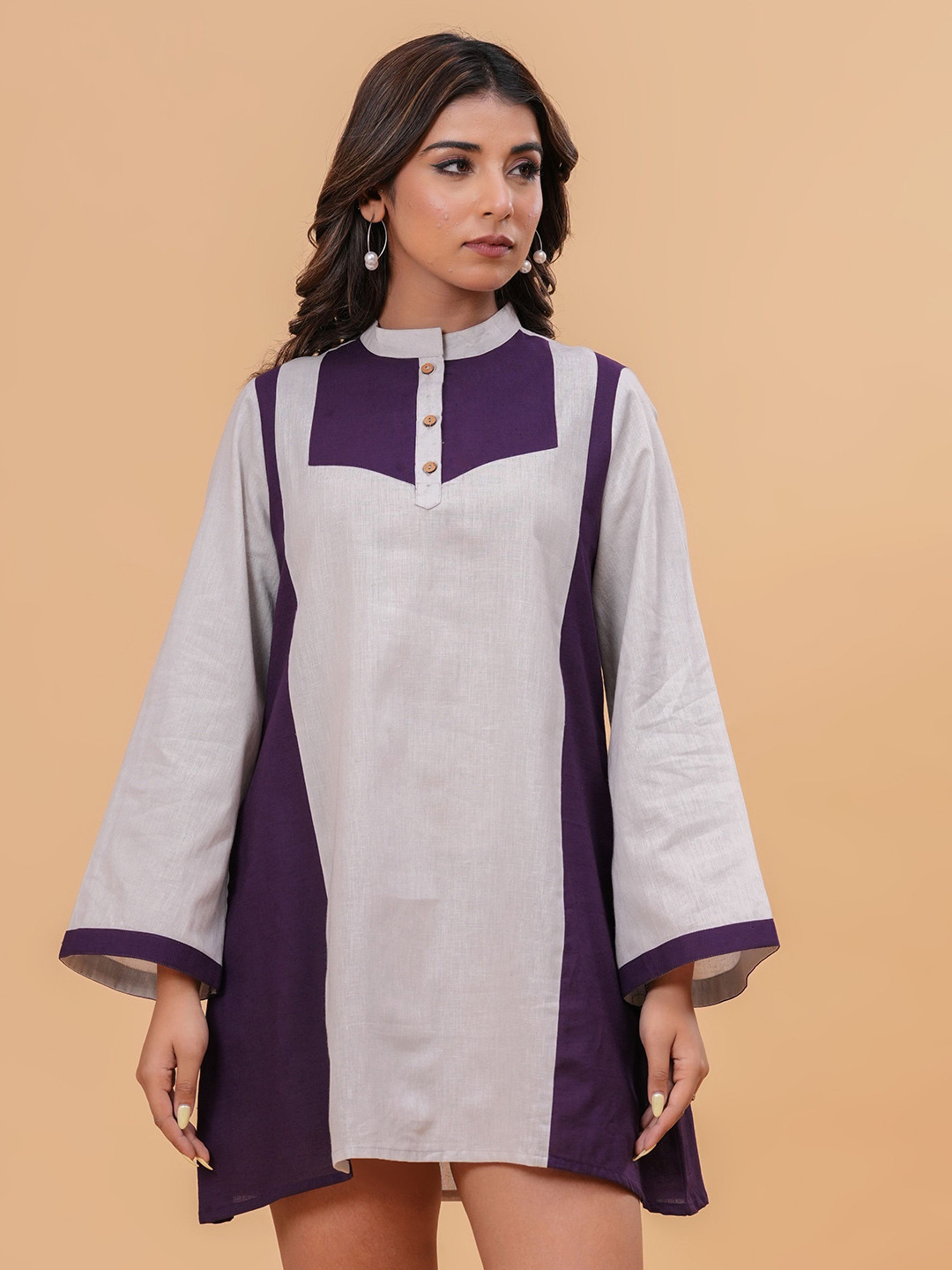 Garin Cotton Linen Colourblocked Band Collar A-Line Dress