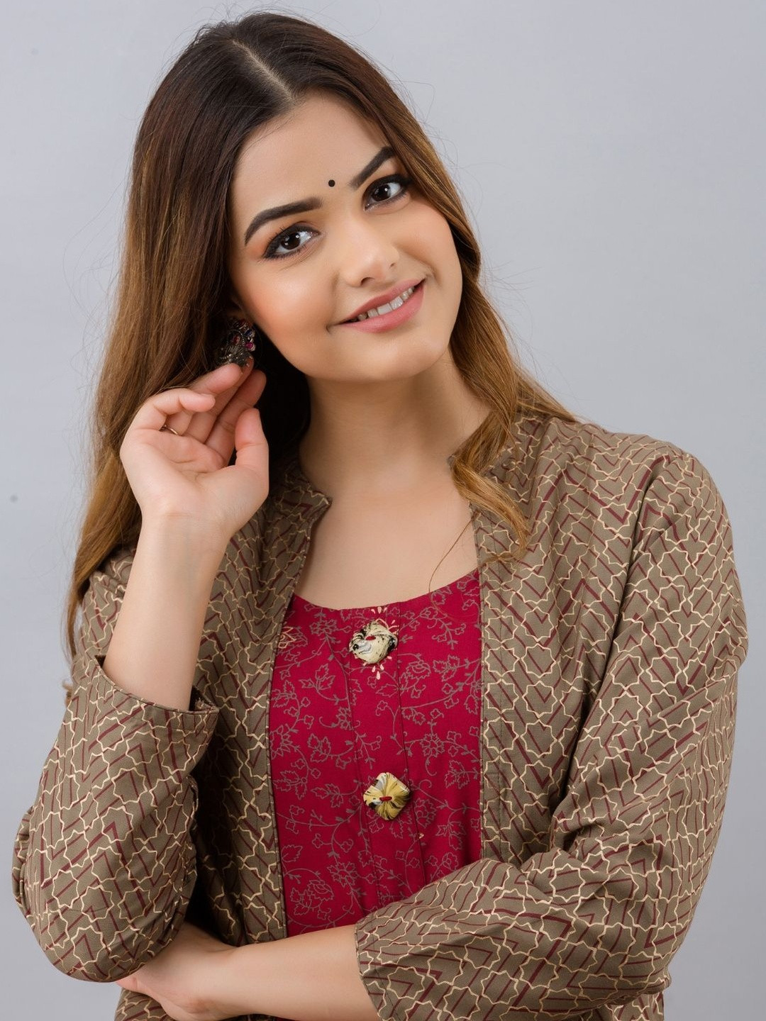 HERE&NOW Floral Printed A-Line Maxi Ethnic Dress With Jacket