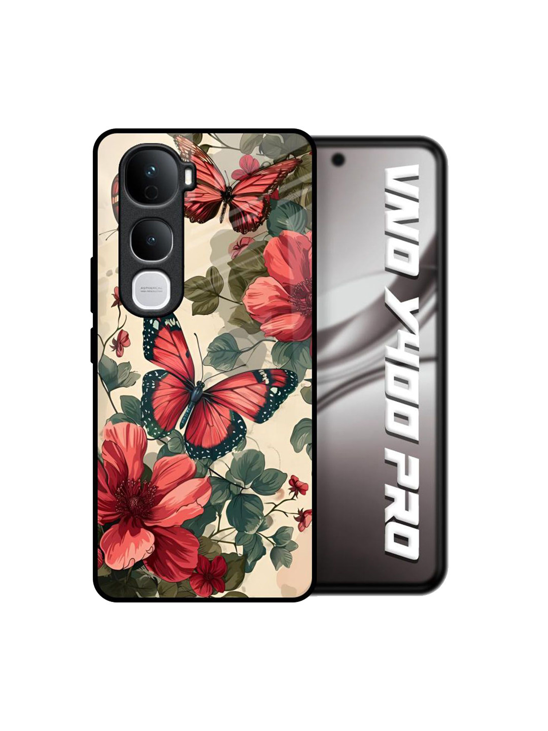 QRIOH Papillon Rouge Glass Case for Vivo Y400 Pro 5G Back Case Mobile Accessories