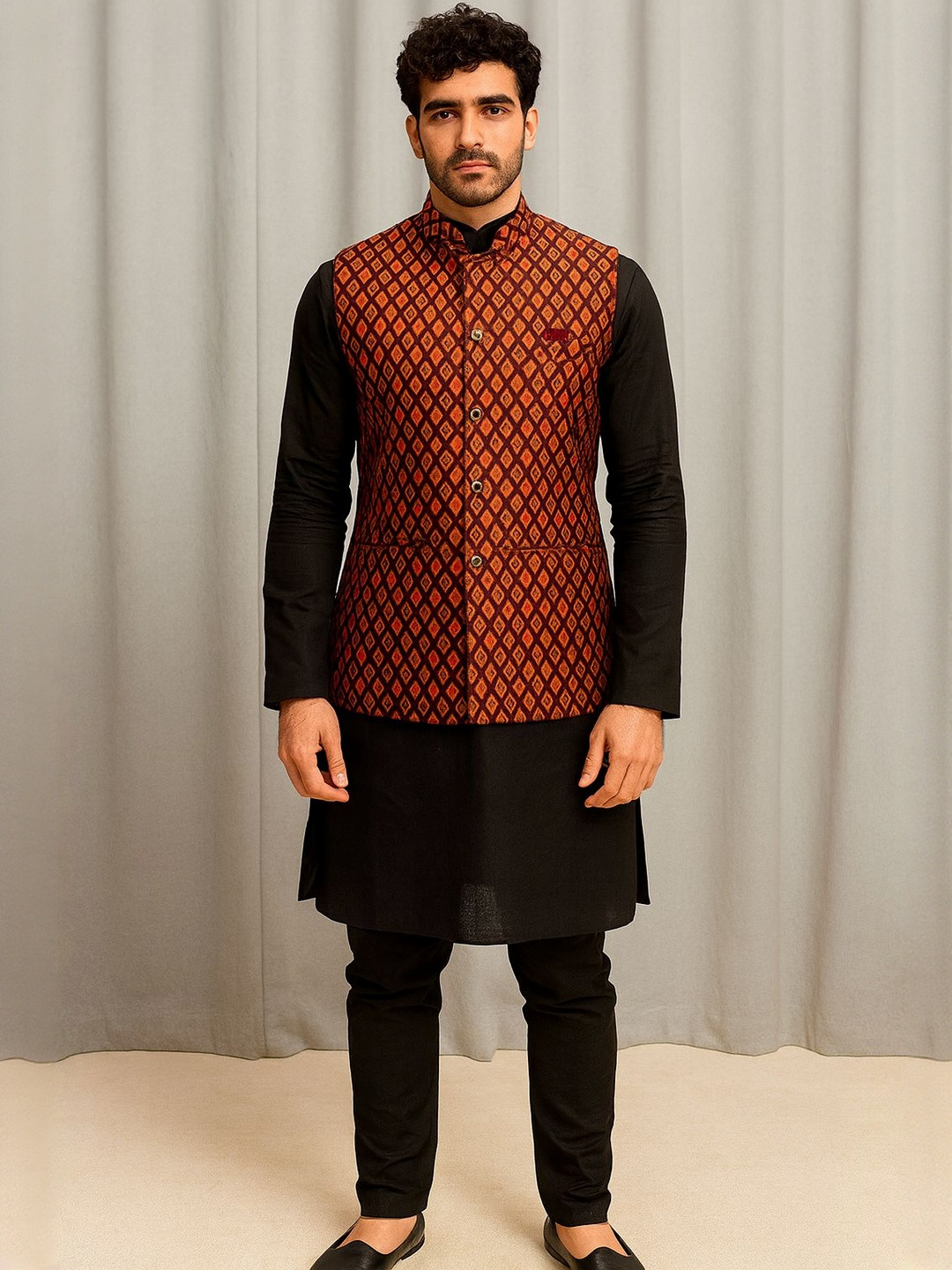 SHAHI ACHKAN Maroon & Golden Printed Nehru Jacket with Mandarin Collar