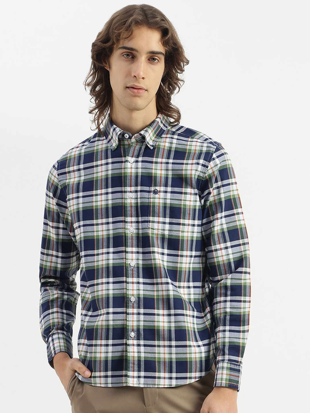 United Colors of Benetton Button Down Collar Tartan Checks Checked Pure Cotton Shirt