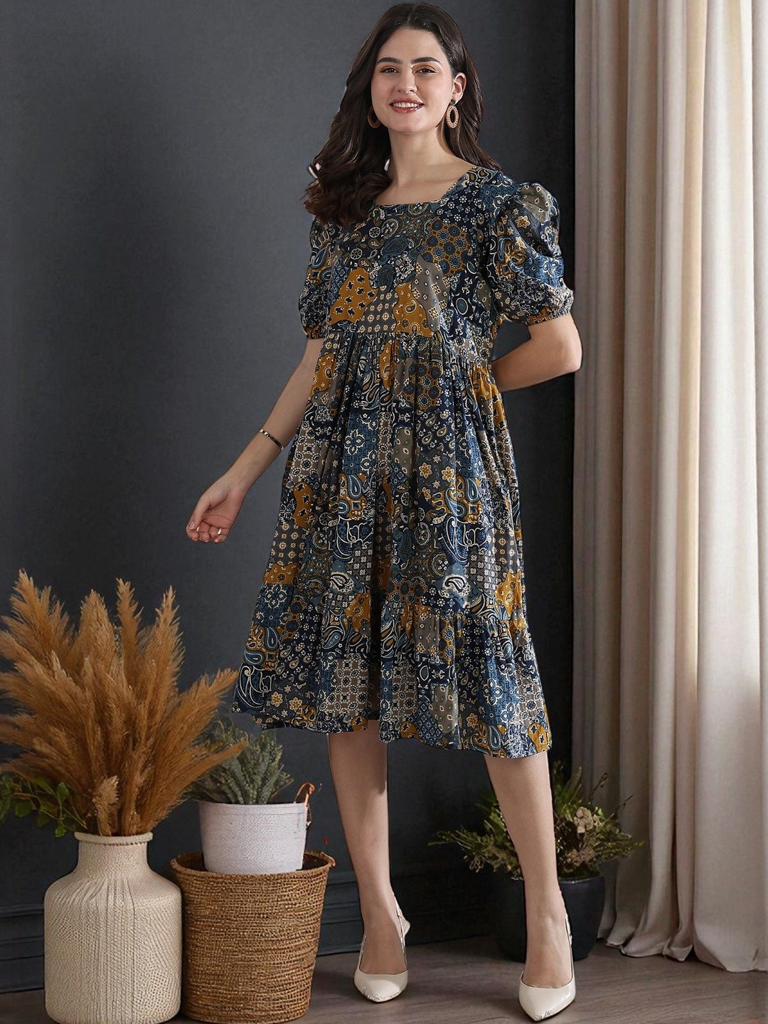 Tzelynn Pack Of 2 Pure Cotton Floral Printed Assymetric Flared Dress