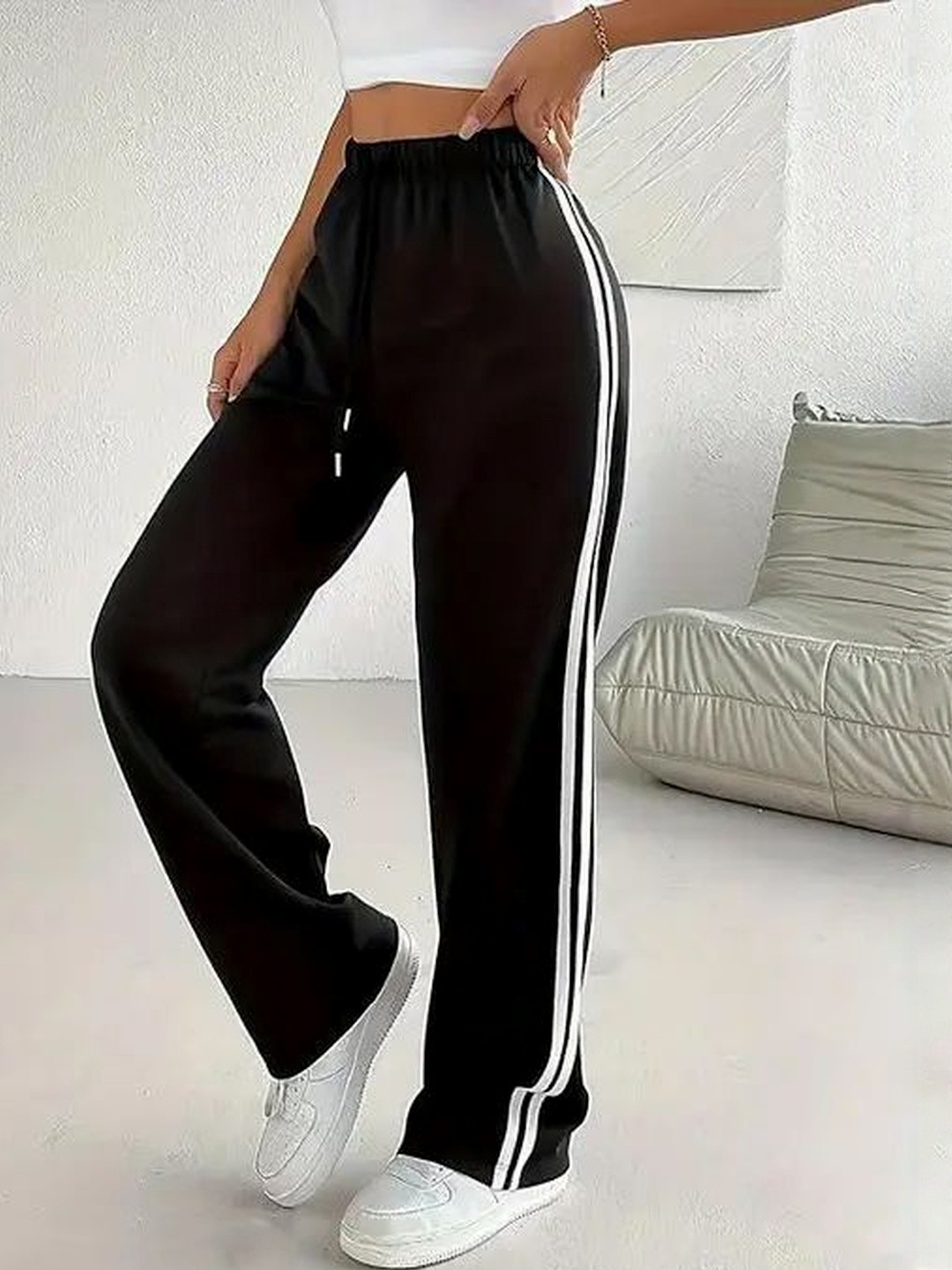 KIBA Women Black Cotton Track Pant With Bold Stripe Lines