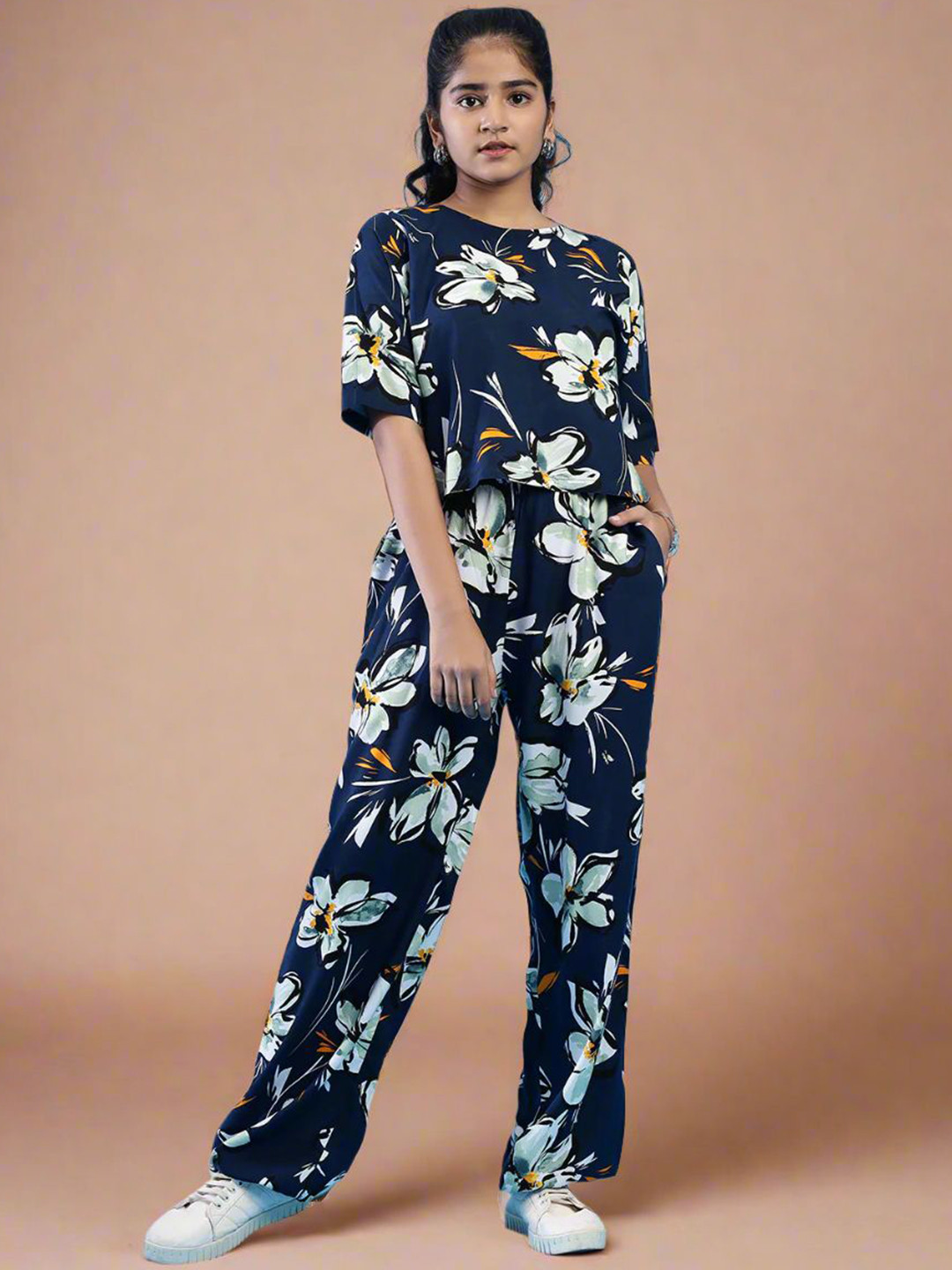 TeenTrums Girls Crocus Printed Short Sleeves Top With Trousers