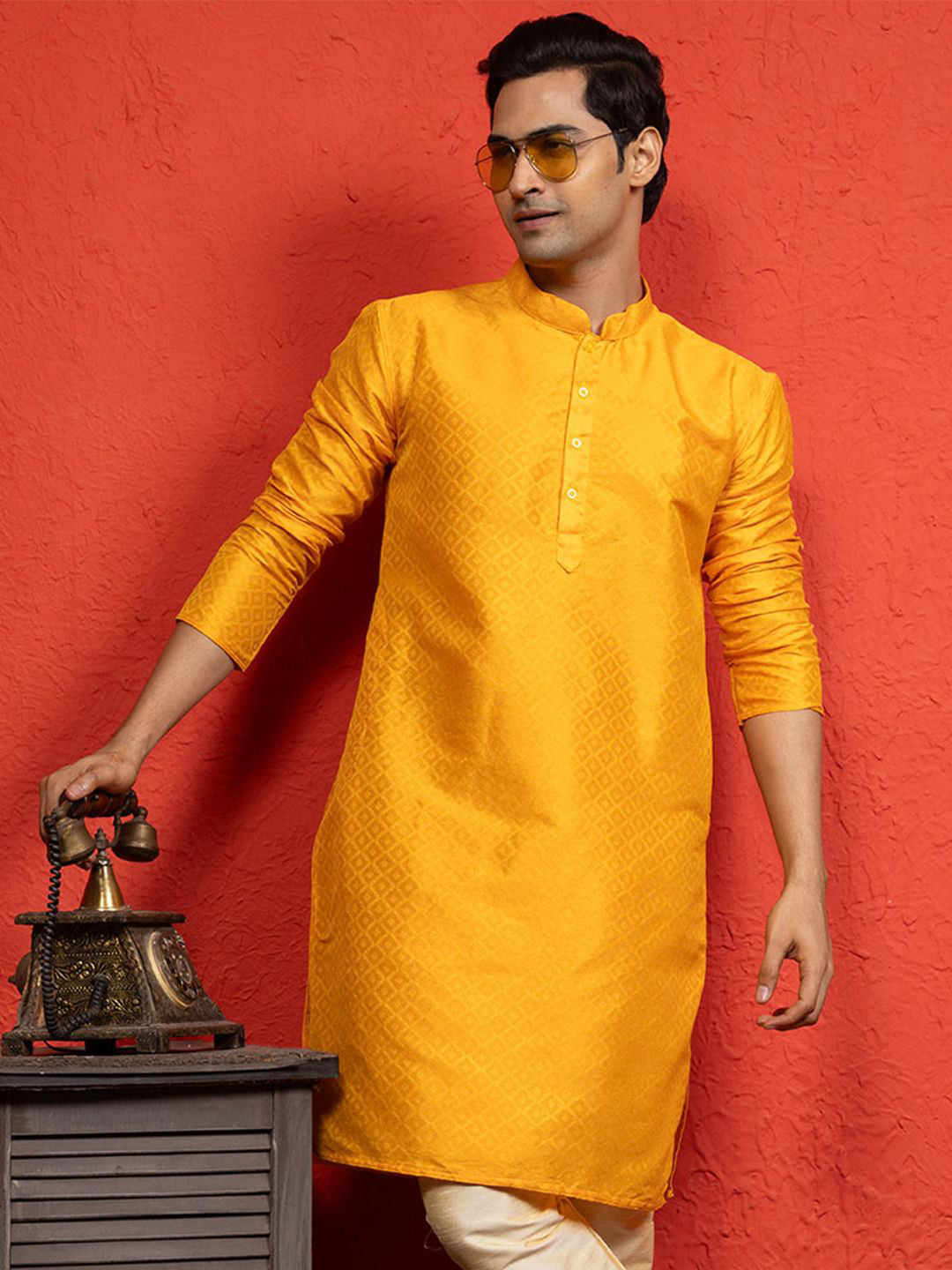 DEVOILER Men Woven Design Mandarin Collar Kurta