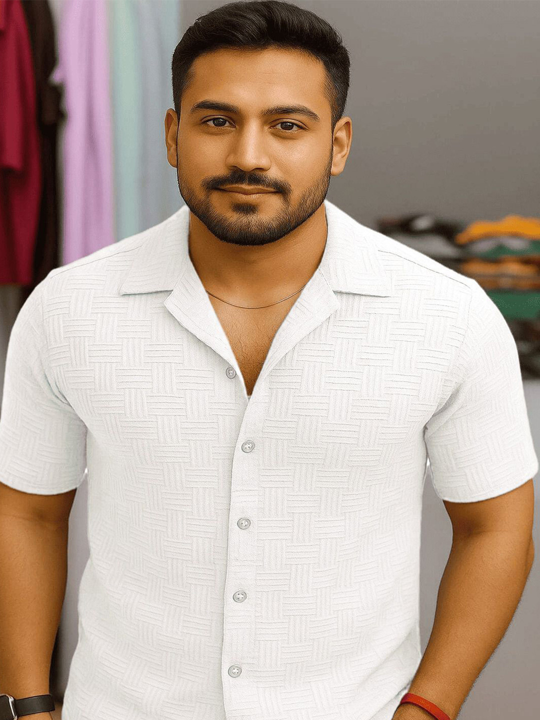 kevaens Men Textured Cuban Collar Casual Shirt