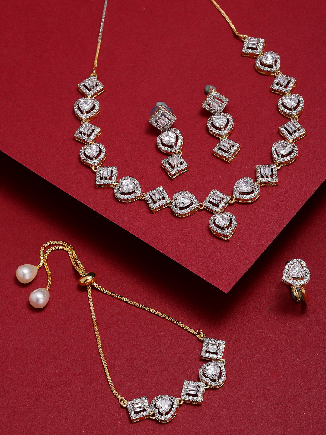ZENEME Silver-Toned Gold-Plated Off White AD Studded Jewellery Set