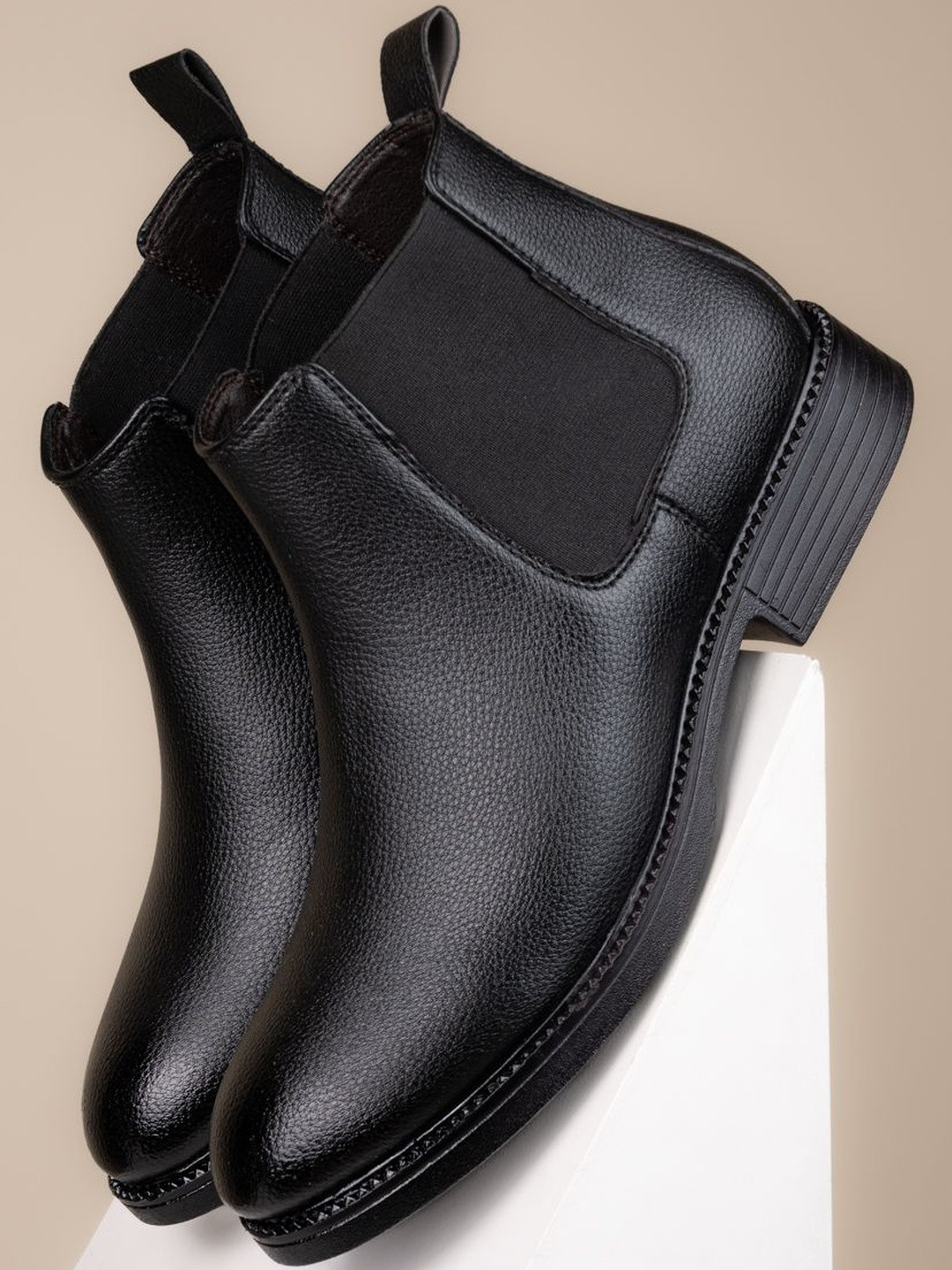 Roadster Men Black Mid Top Round Toe Synthetic Slip On Chelsea Boots