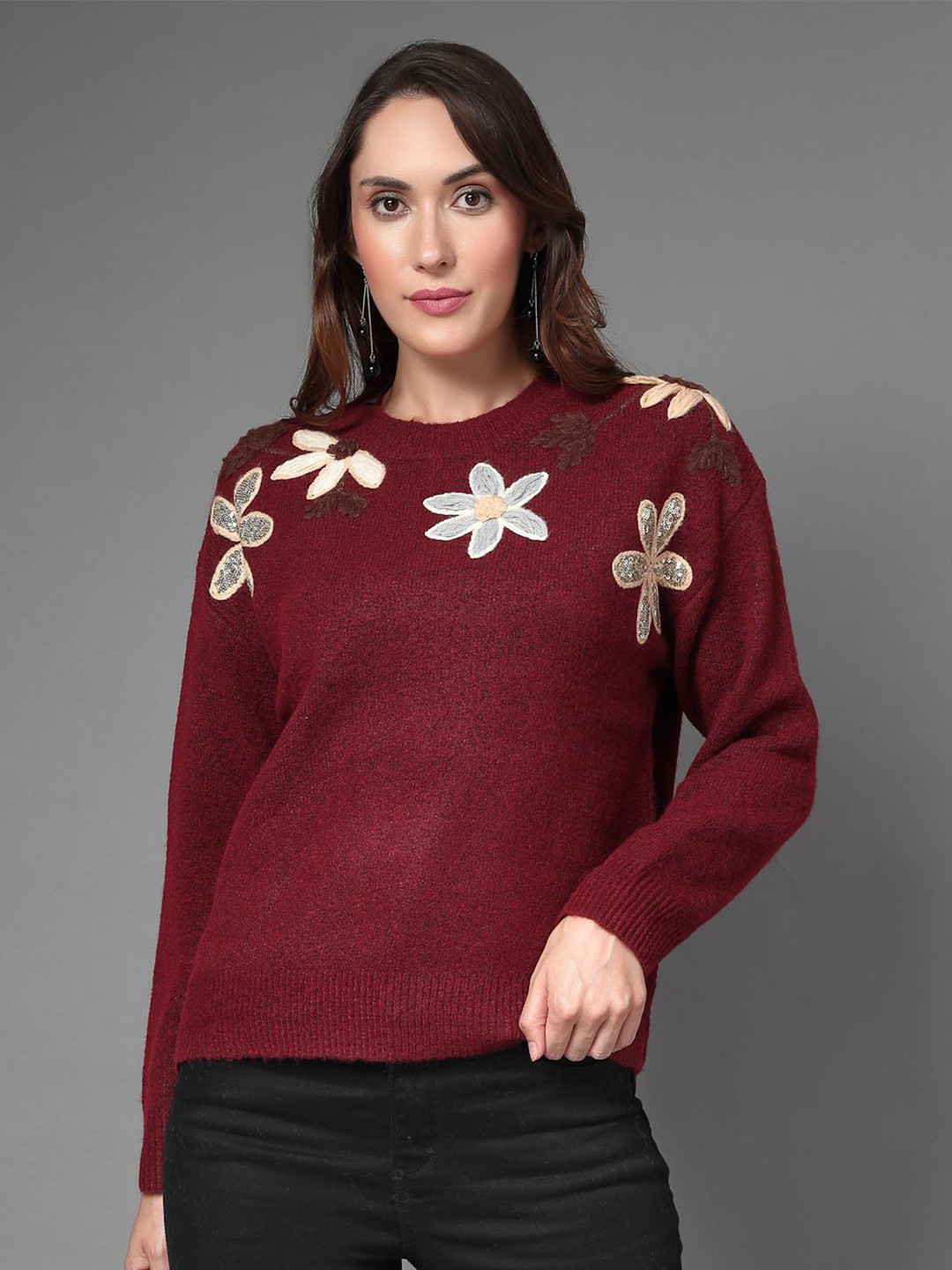 Mafadeny Women Solid Wool Top with Floral Embroidered Neck