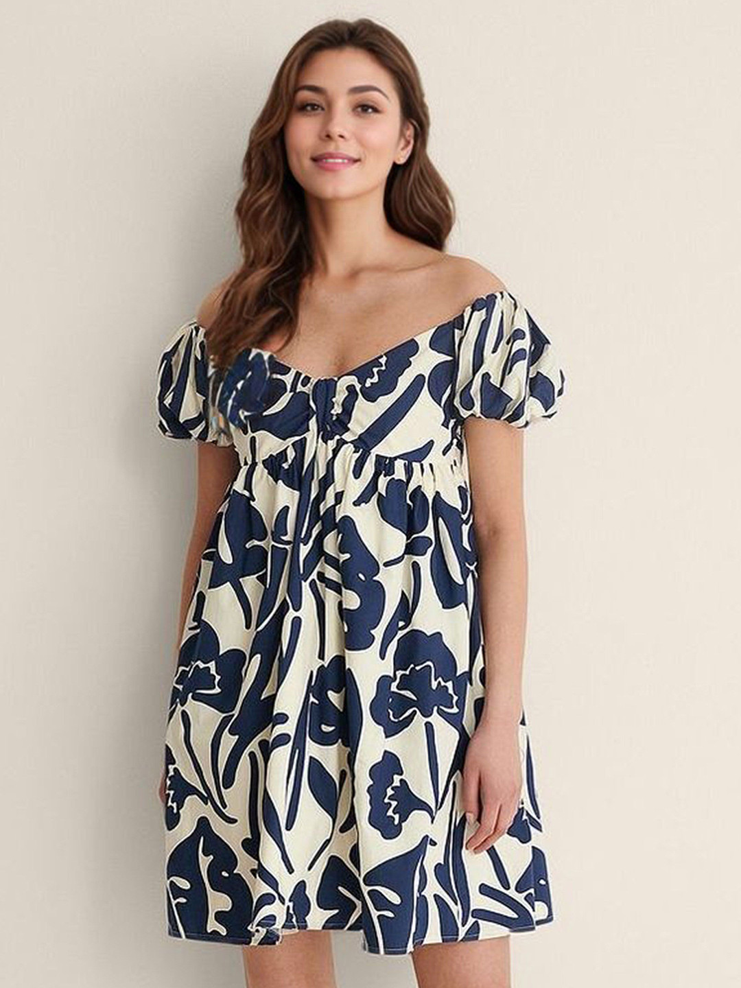 R.Code by The Roadster Life Co. Women Printed Off-Shoulder Puff Sleeve A-Line Mini Dress