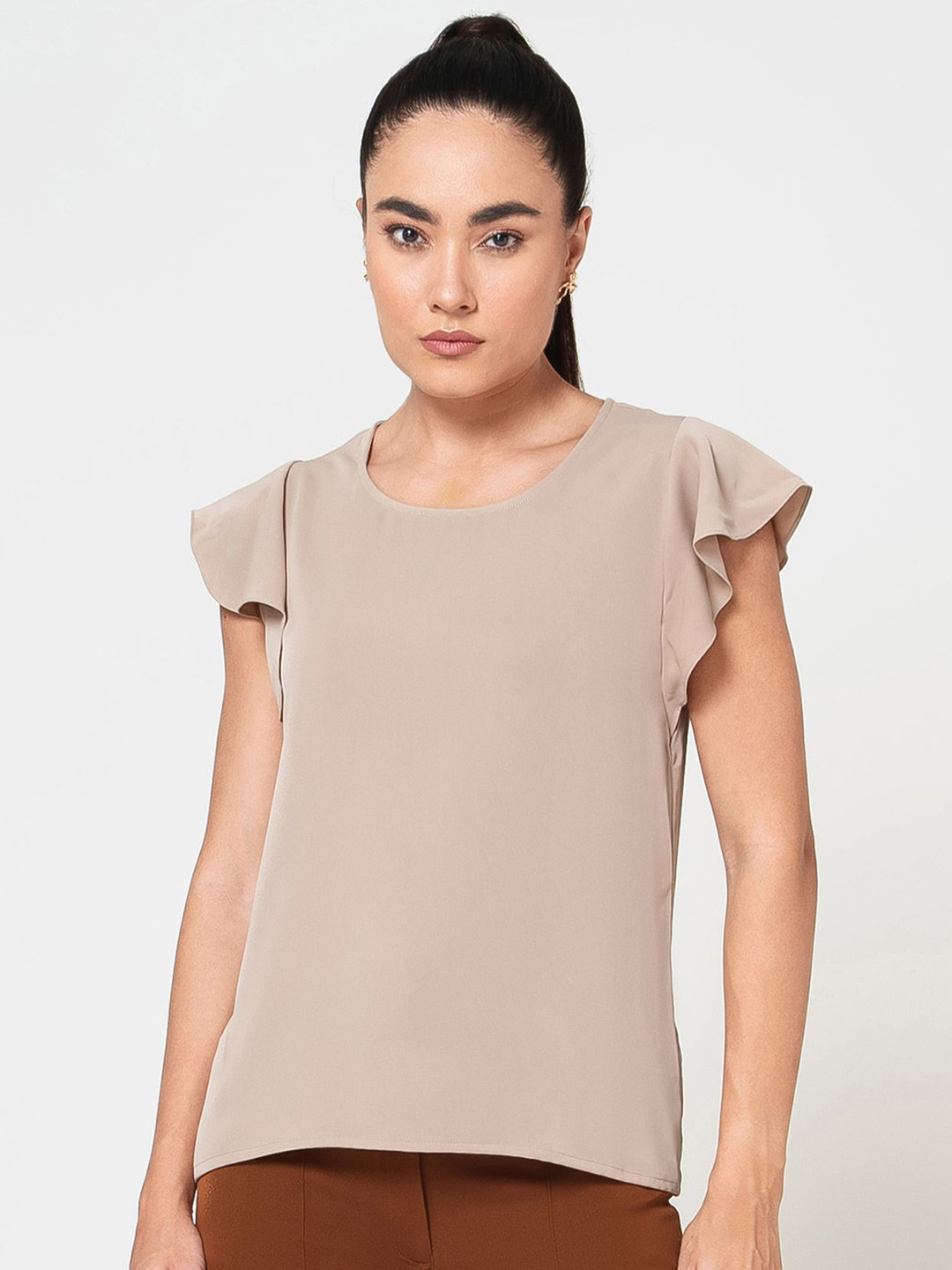 OFFICE & YOU Women Solid Round Neck Frill On Sleeve Top