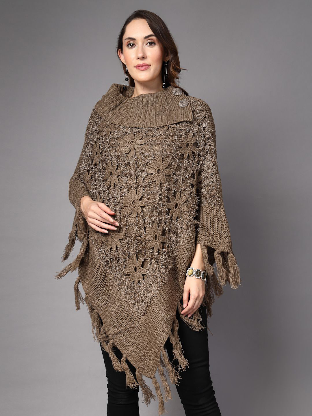 Mafadeny  Button & Fringe Trim Cowl Neck Crochet Poncho