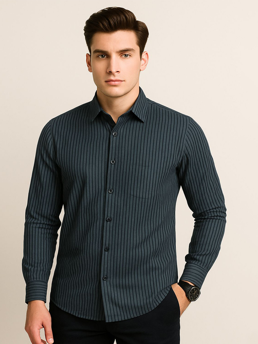 SONISHQ Striped Spread Collar Cotton Shirt