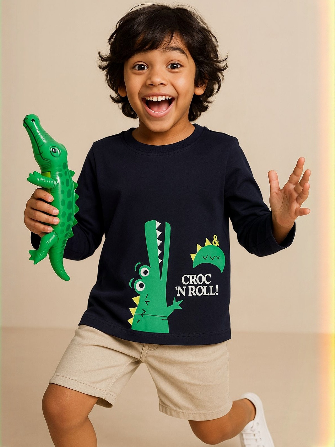 TALES & STORIES Boys Navy Blue Animal Printed Round Neck Cotton T-shirt