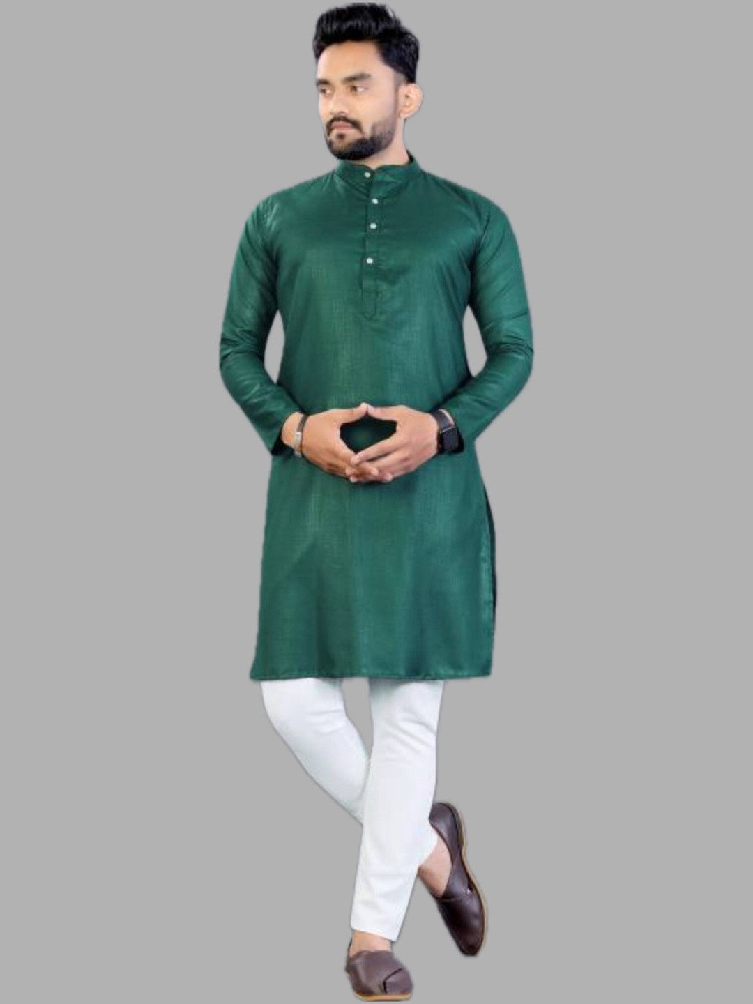 ANUJ FASHION Men Bottle Green Solid Mandarin Collar Festive Ethnic Kurta