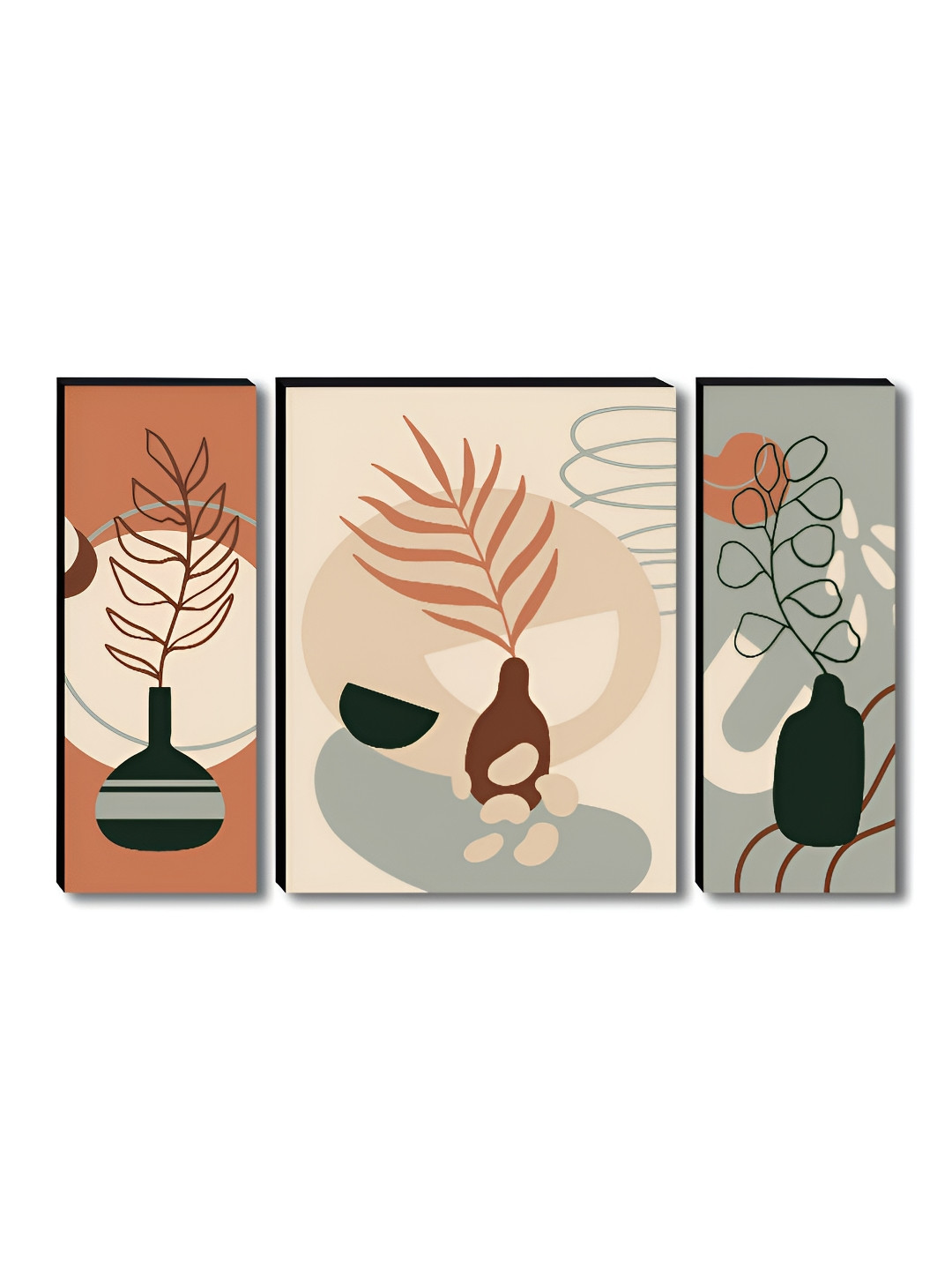 SAF Set Of 3 Beige & Brown Minimal Abstract Vase  Wall Art