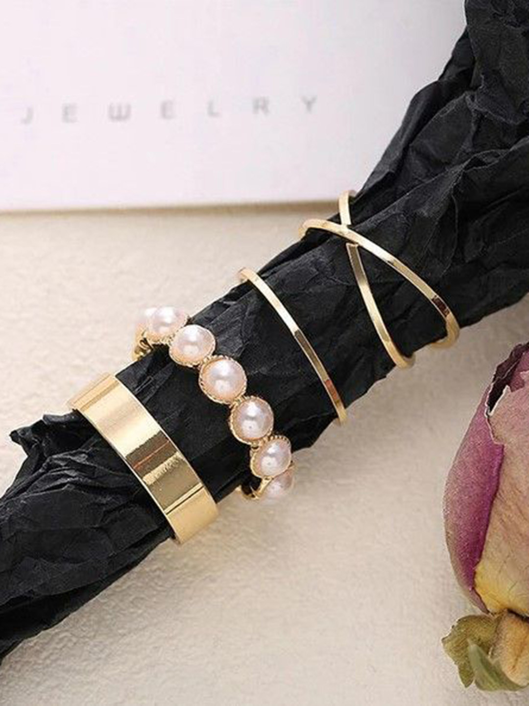 INKO & CO Women Set Of 4 Gold-Plated Beaded Adjustable Finger Rings