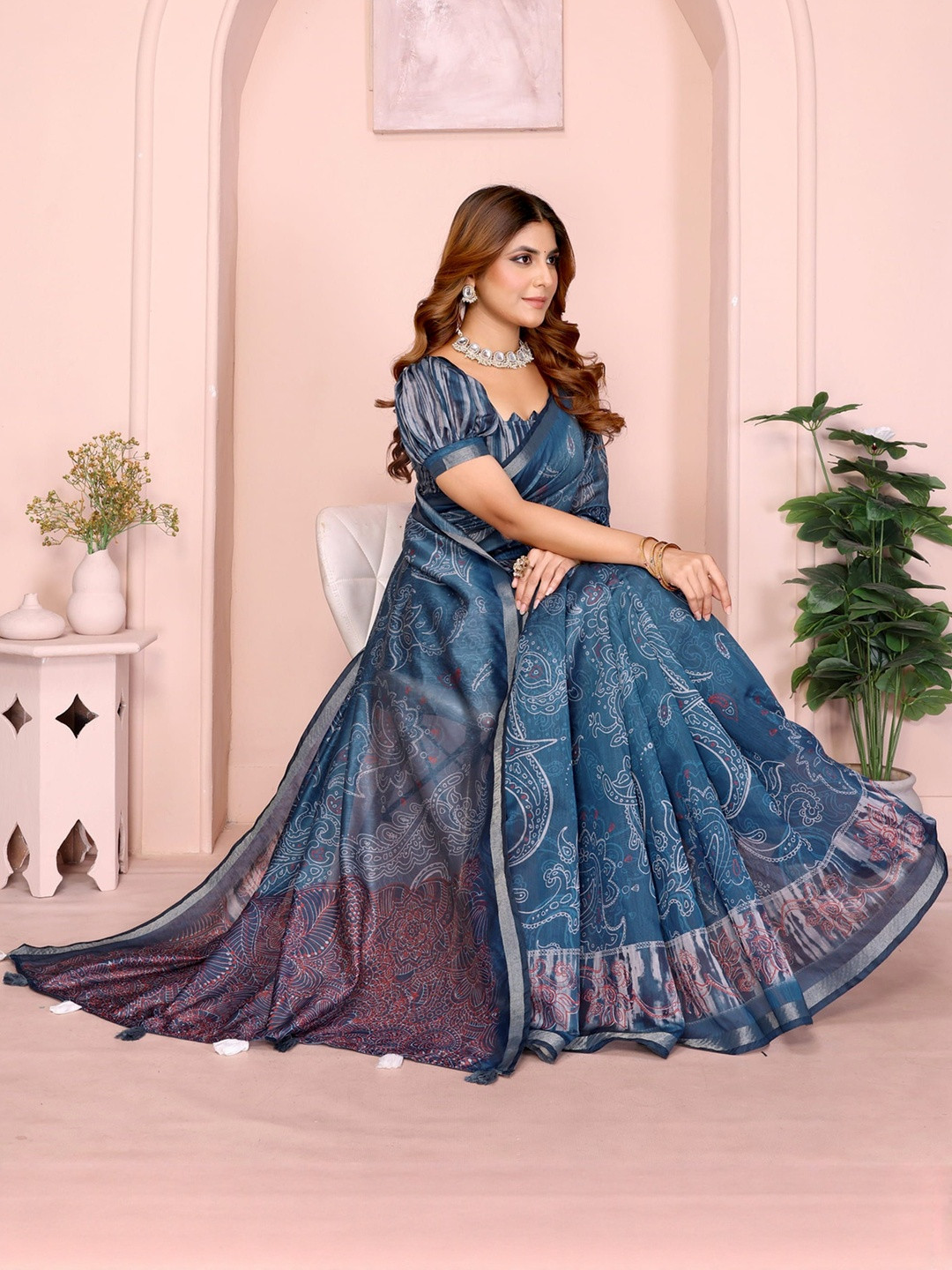 DIVASTRI Women Blue Ethnic Design Printed Chanderi Silk Saree