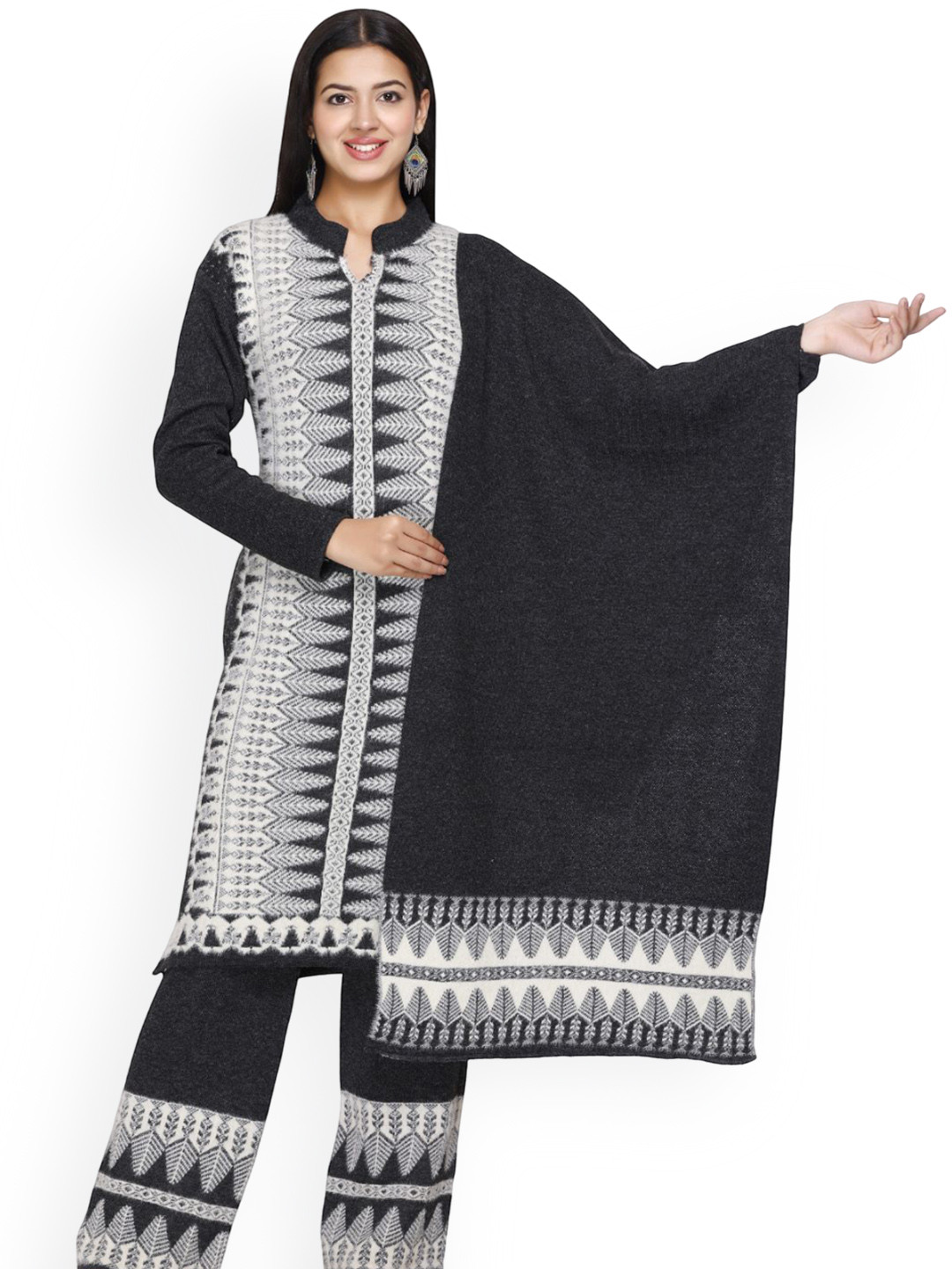 The Zigar Studio Self Design Mandarin Collar Straight Kurta With Palazzos & Dupatta