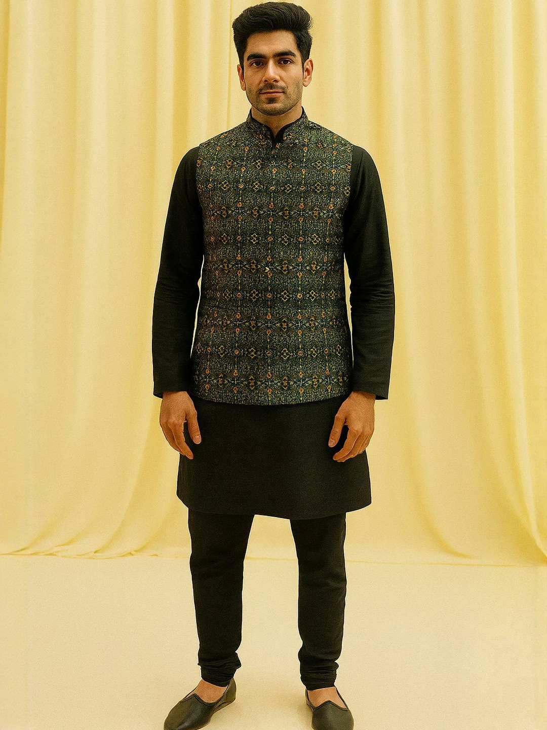 SHAHI ACHKAN Men Dark Green Printed Nehru Jacket Waistcoat