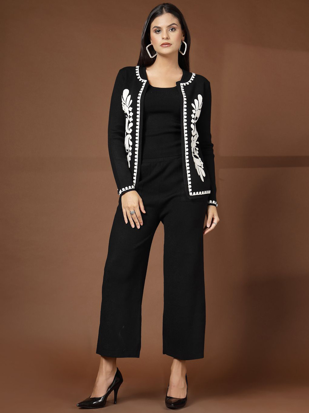 Mafadeny Women Embroidered scoop Neck Top & Trousers With Jacket Co-Ords Set
