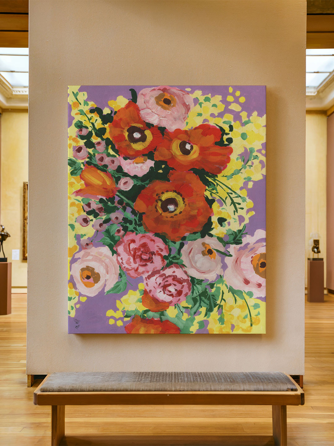 ASIAN MONK Pink And Red Single Piece Wood Floral And Botanical Wall Paintings