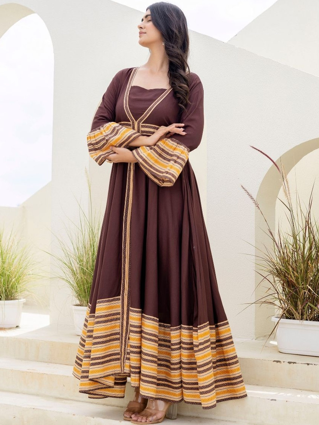 Jaipurite Women Brown Long Flared Printed Ethnic Dresses