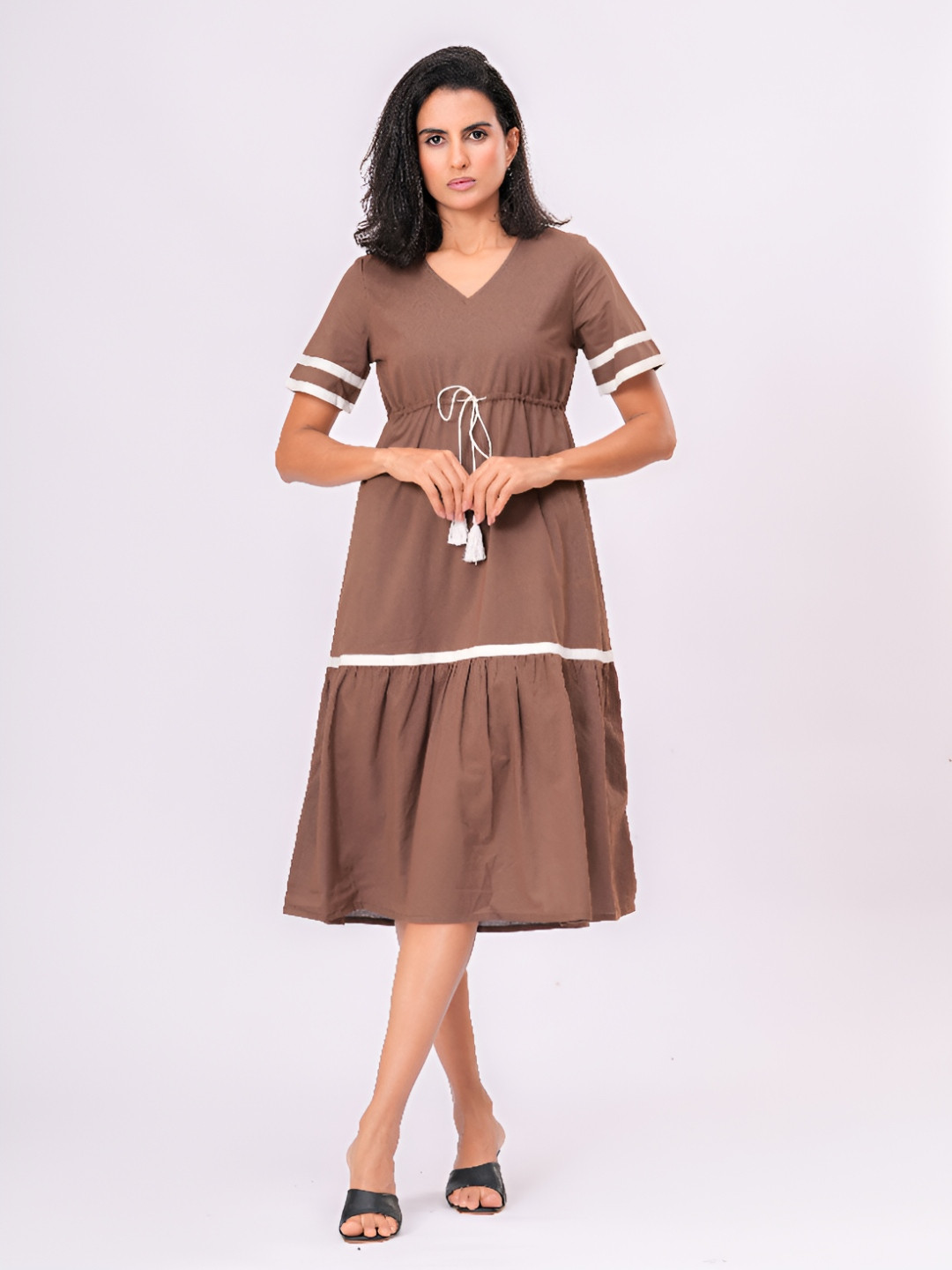 Garin Women Striped Gathered Tiered Cotton A-Line Midi Dress