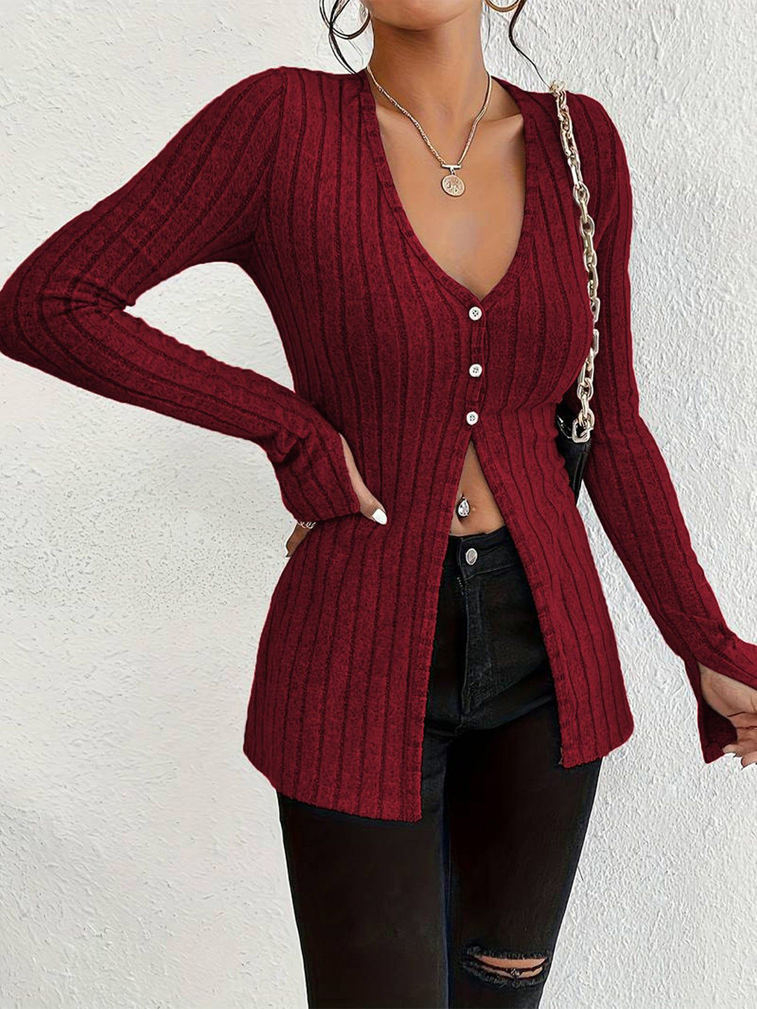 Outzidr Women Full Sleeved V-Neck Front Slit Top