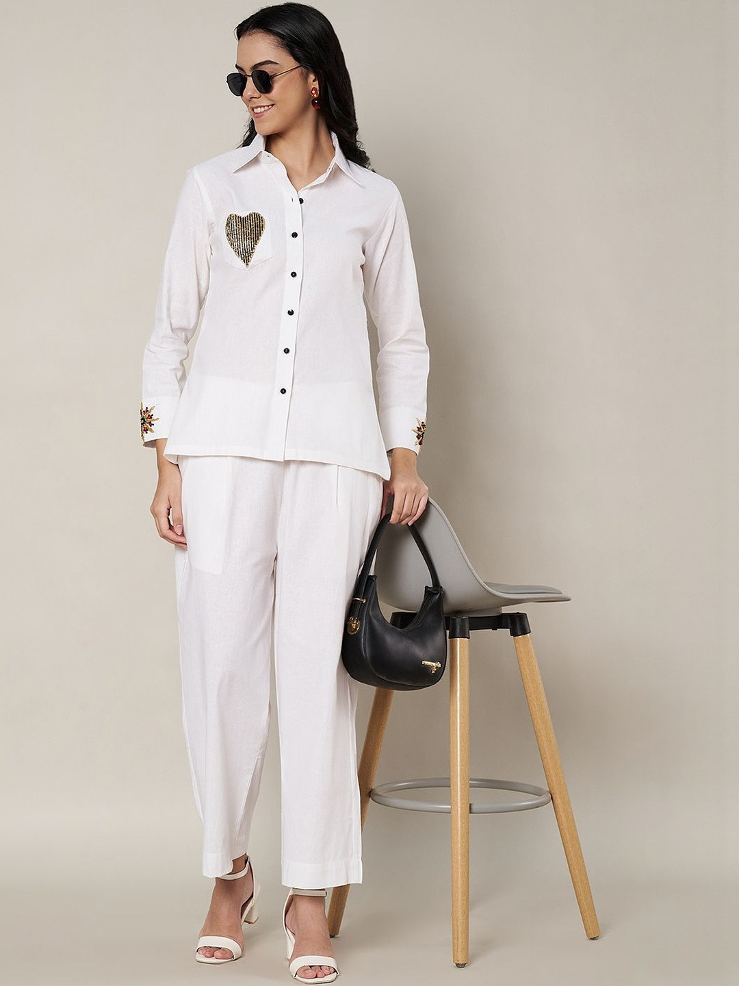 Moda Rapido Women White Embroidered Linen Cotton Co-ord Set