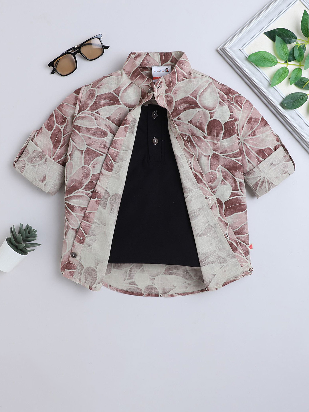 BAATCHEET Boys Comfort Printed Mandarin Collar Pure Cotton Shirt